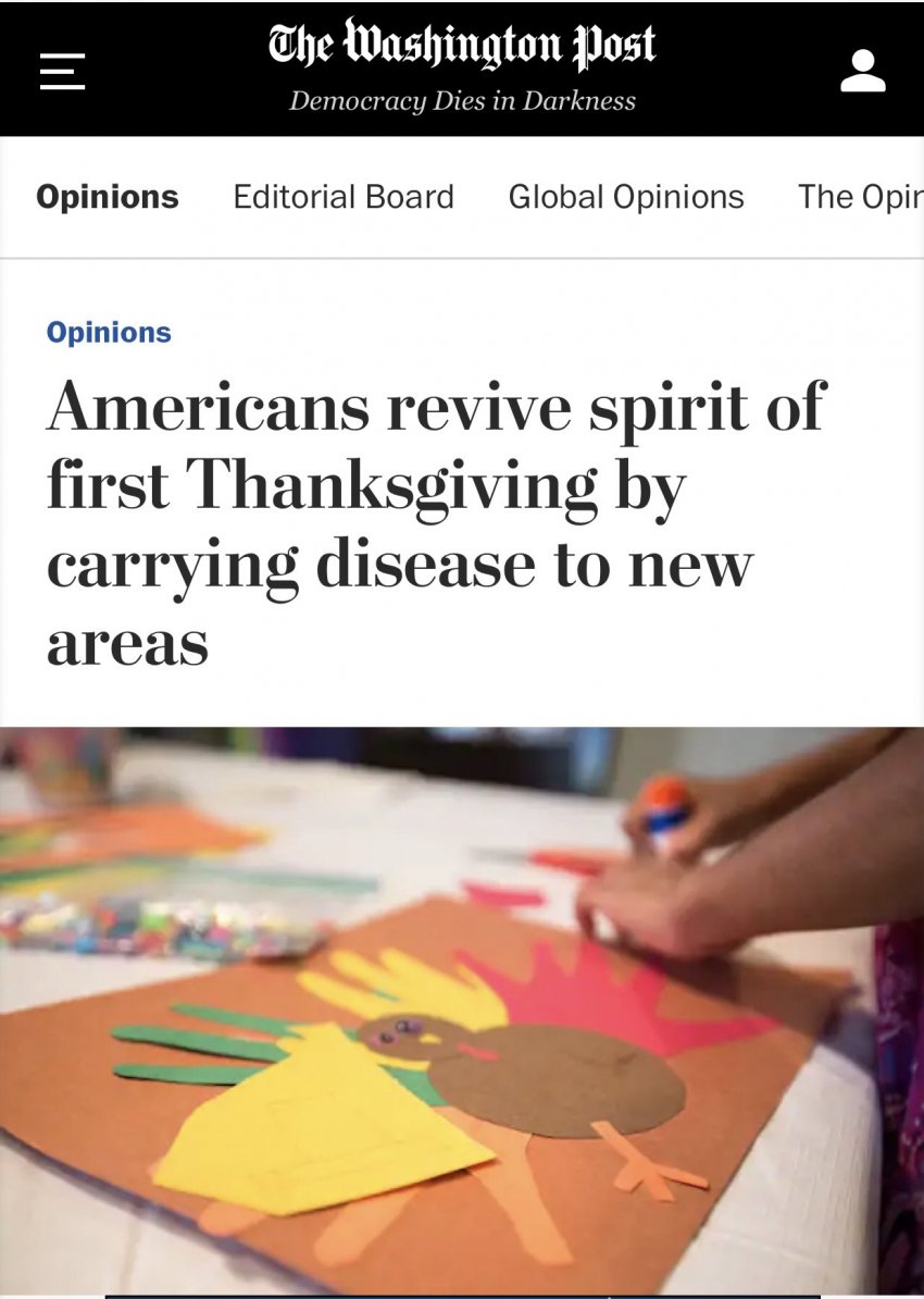 "Americans are reviving the first Thanksgiving spirit by transferring disease to new areas."