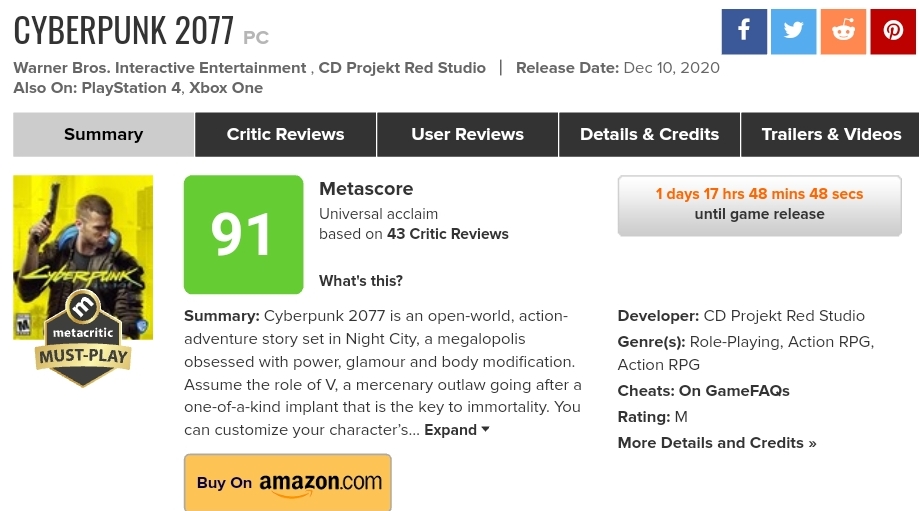 Cyberpunk2077 OpenCreatic Metacritic is up.