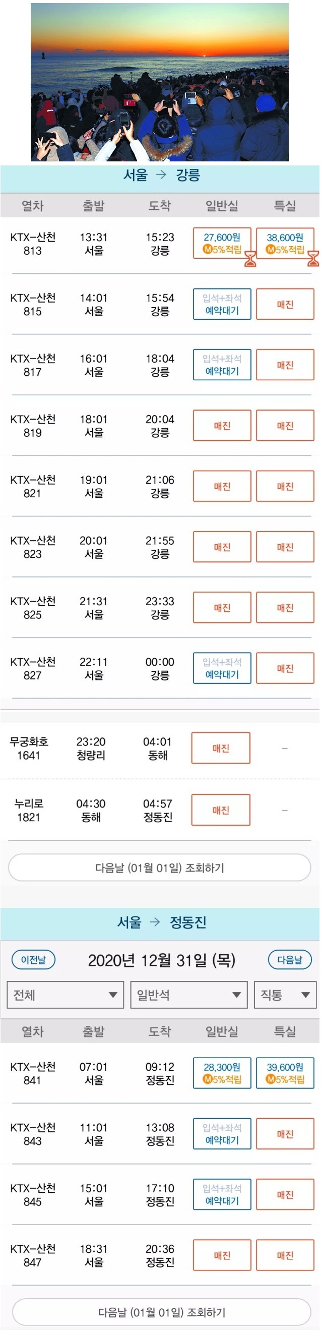 올해 12월 31일 열차 예매 현황