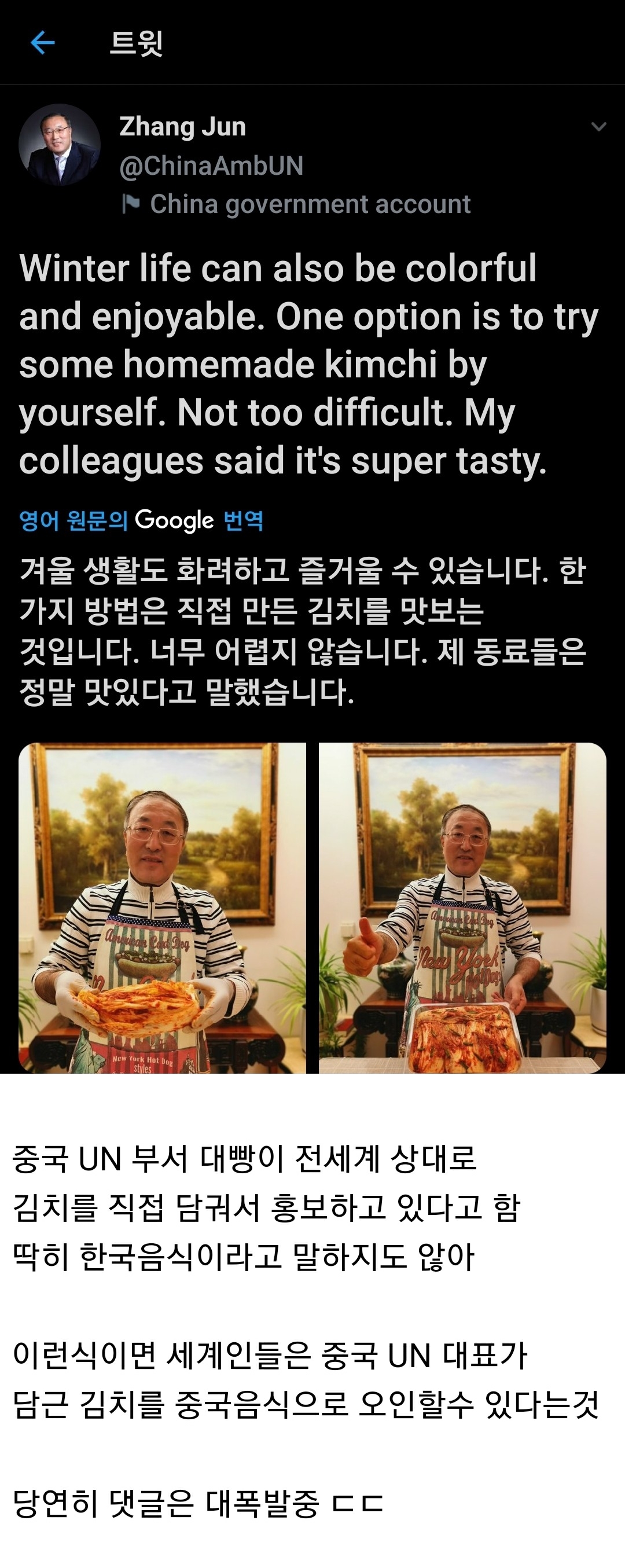 중국 UN 대사의 김치 소개 트윗 논란.jpg