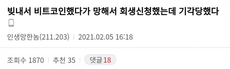 빚내서 비트코인하다가 개인회생 신청했다...jpg