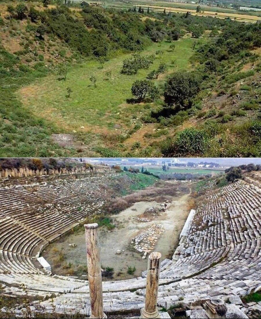 Before and after the excavation of the Greek stadium.jpg