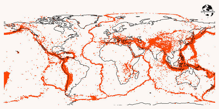 지난 20년간 진도 5 이상 지진 세계지도에 표시