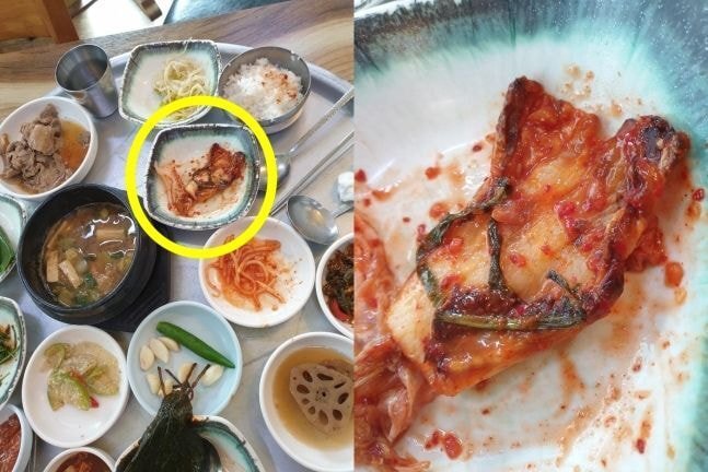 Grilled kimchi between raw kimchi...Busan galbi restaurant where food is reused.