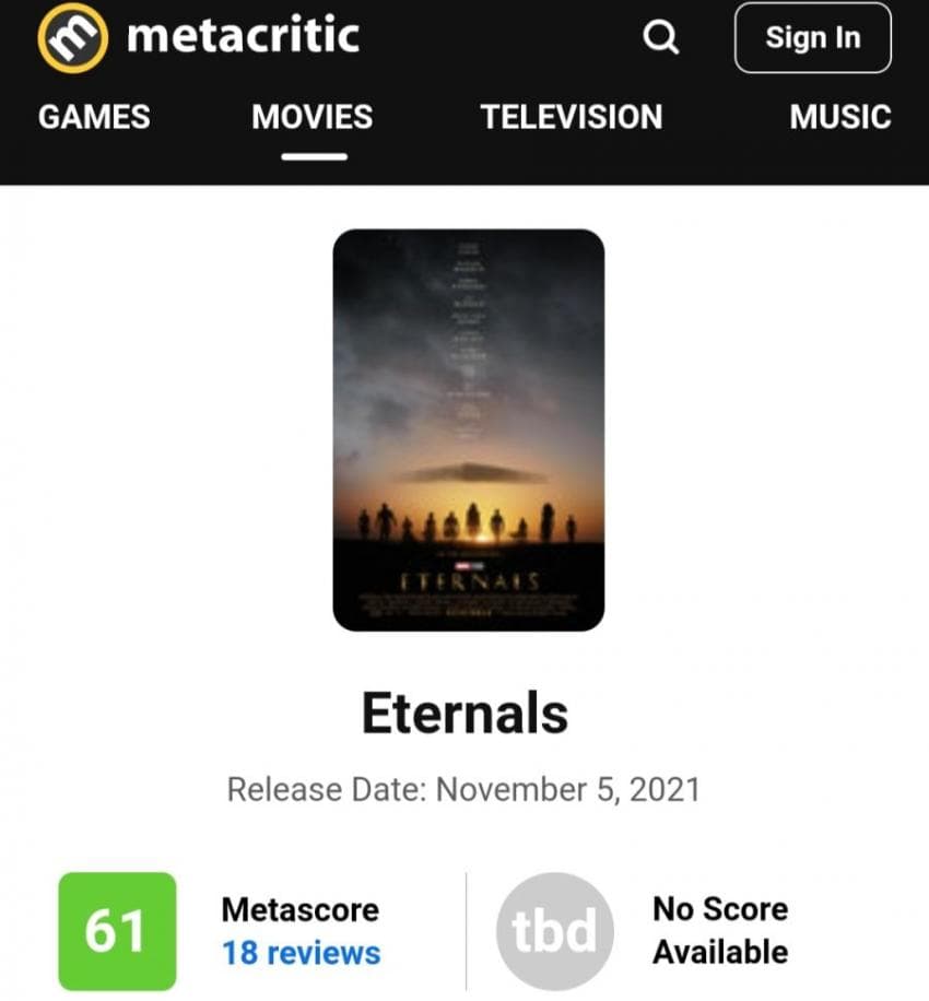 Marvel Eternals Rotten Meta Rating and Review.