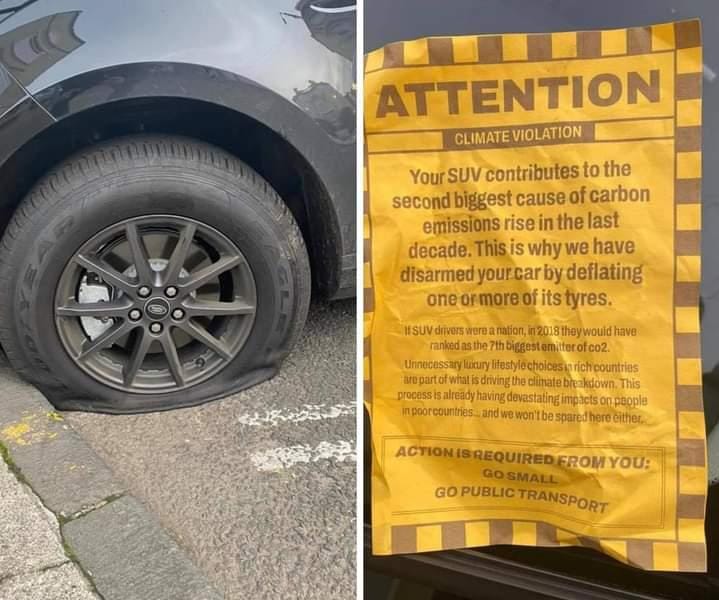 Environmental activists with flat tires.