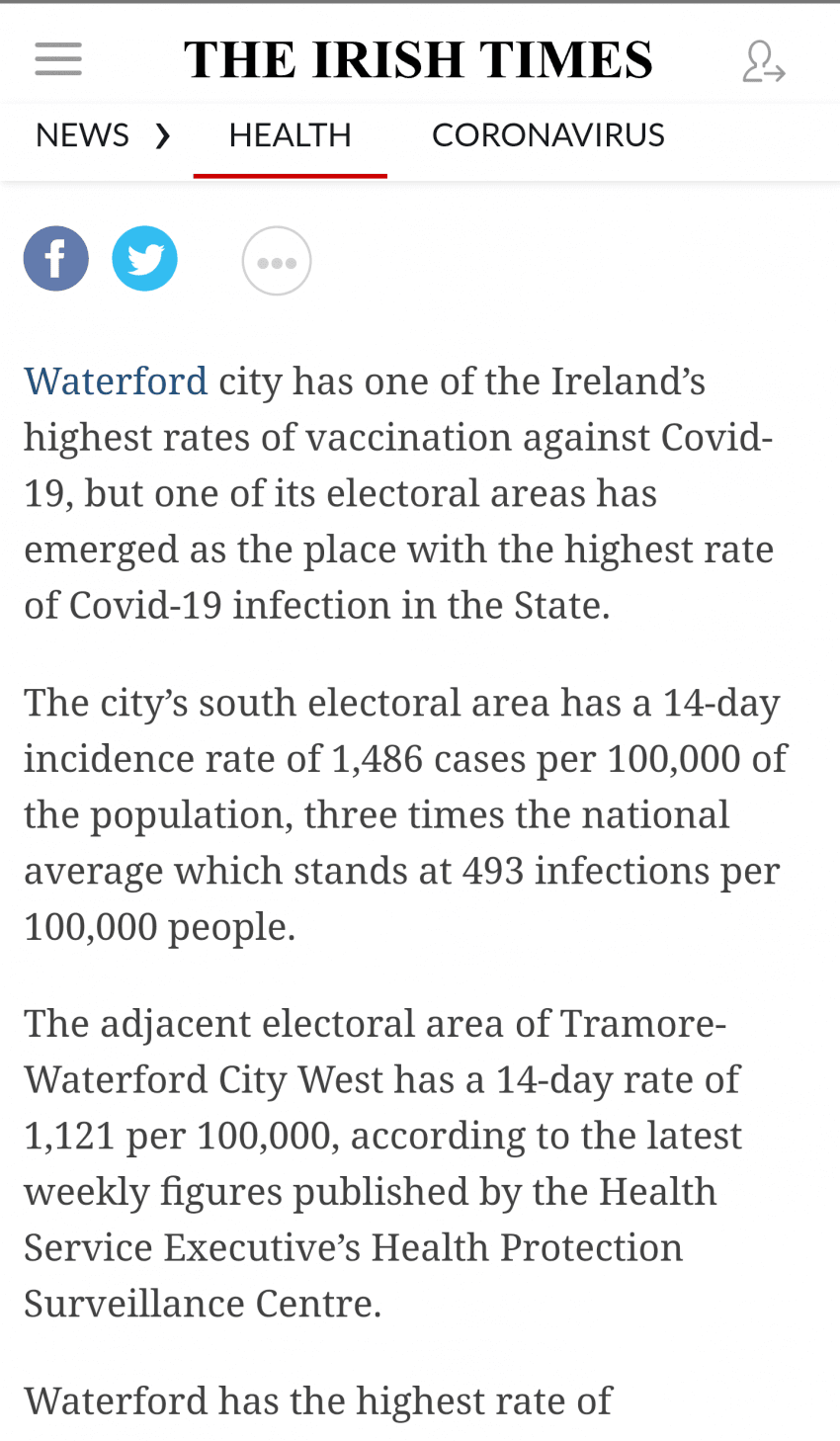 What's the status of an Irish city with a vaccination rate of 995.