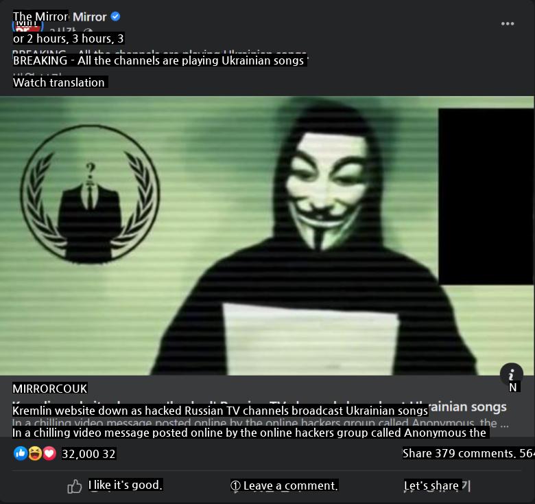 Anonymous Russian TV channel hacking.