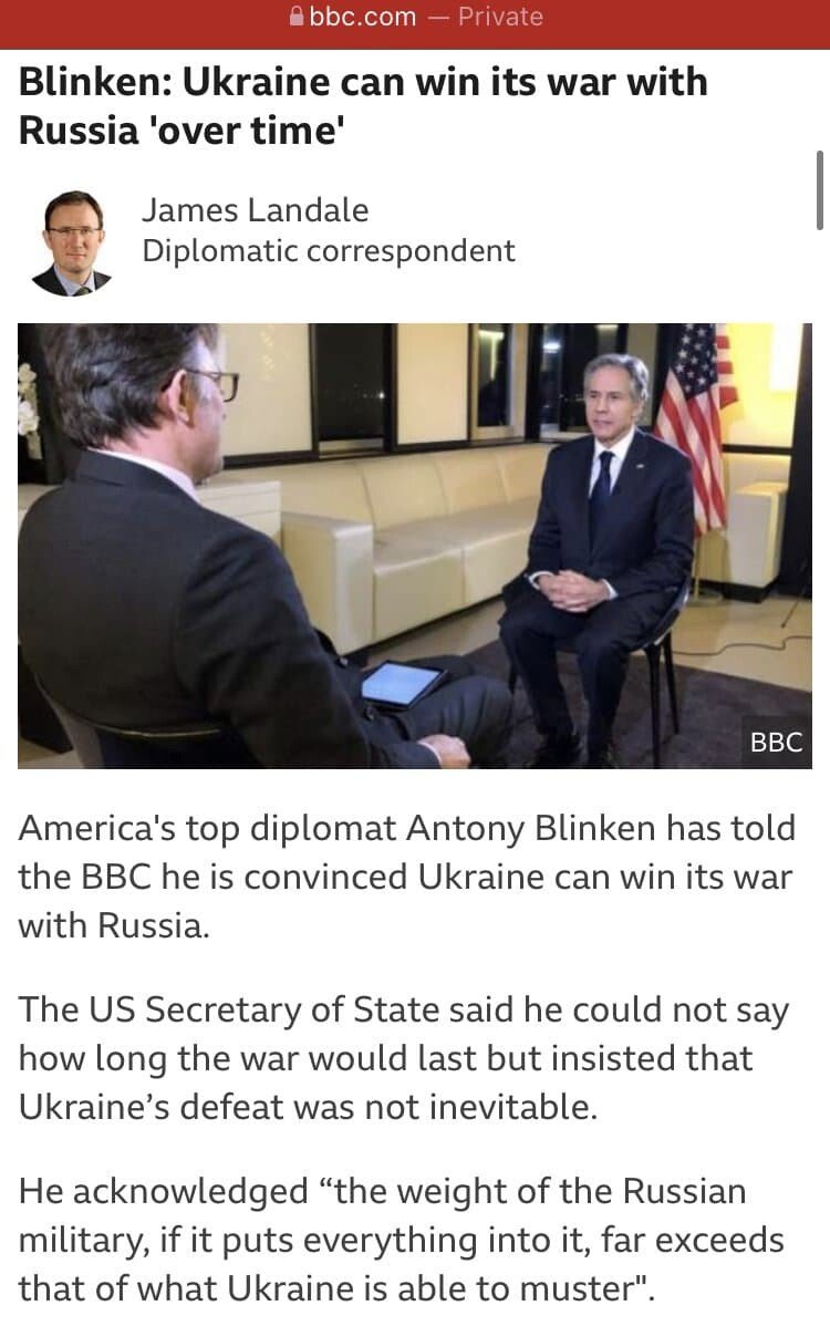 미 국무장관, 우크라이나 승전 가능성 시사