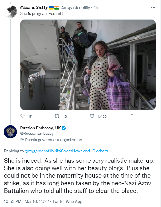 대피하는 우크라이나 임산부 조롱하는 러시아 대사관 공식 트위터.jpg