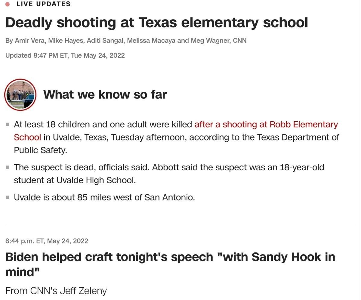 속보) 미국 텍사스 초등학교 총기 난사. 초등학생 18명 사망