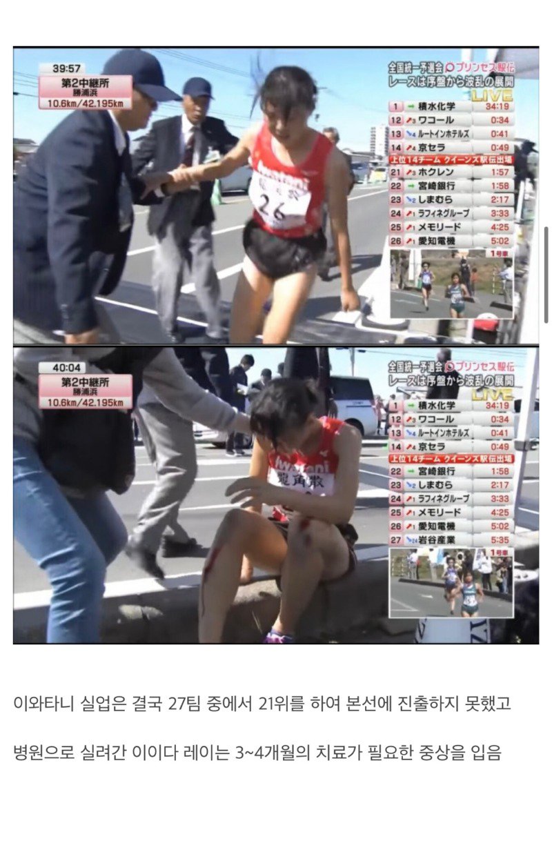 a female marathon runner who broke her leg during a competition