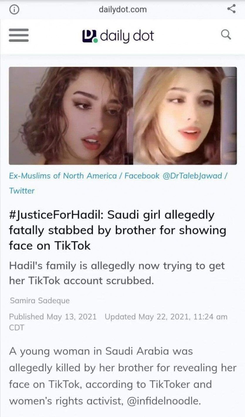 틱톡에 얼굴 공개했다가 살해당한 무슬림 여성.jpg