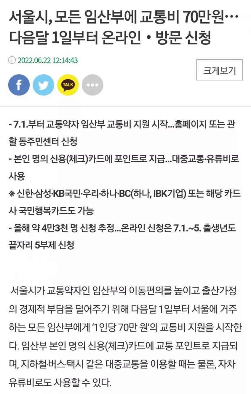 서울시 임산부에게 교통비 70만원 지원