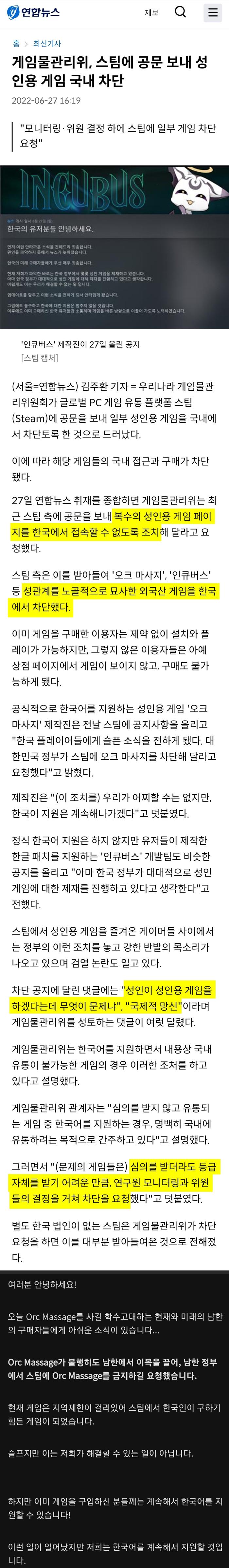 한국 스팀 성인게임 금지 사태