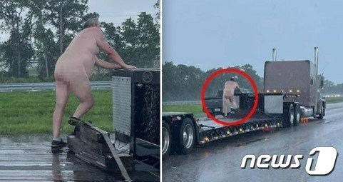 裸で高速道路トレーラーに乗り込んだ写真