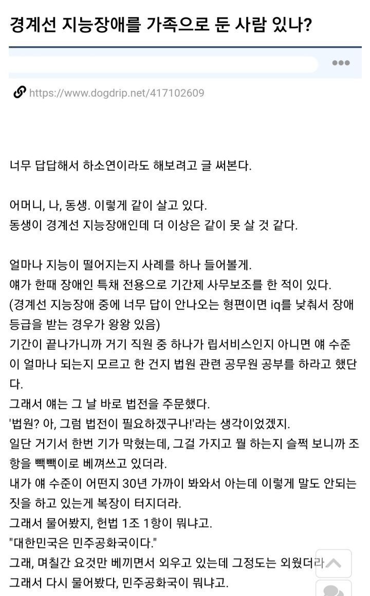 경계선 지능장애를 가족으로 둔 사람의 고민