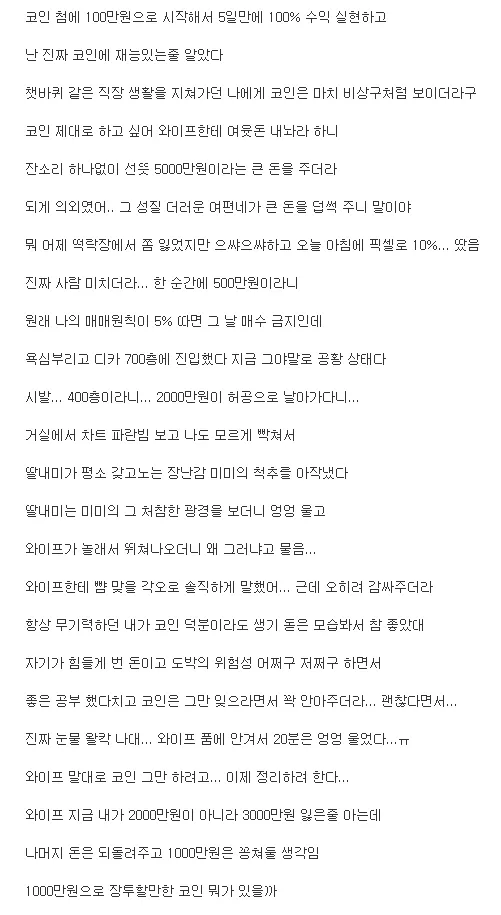 코인 때문에 와이프랑 엉엉 운 디씨인