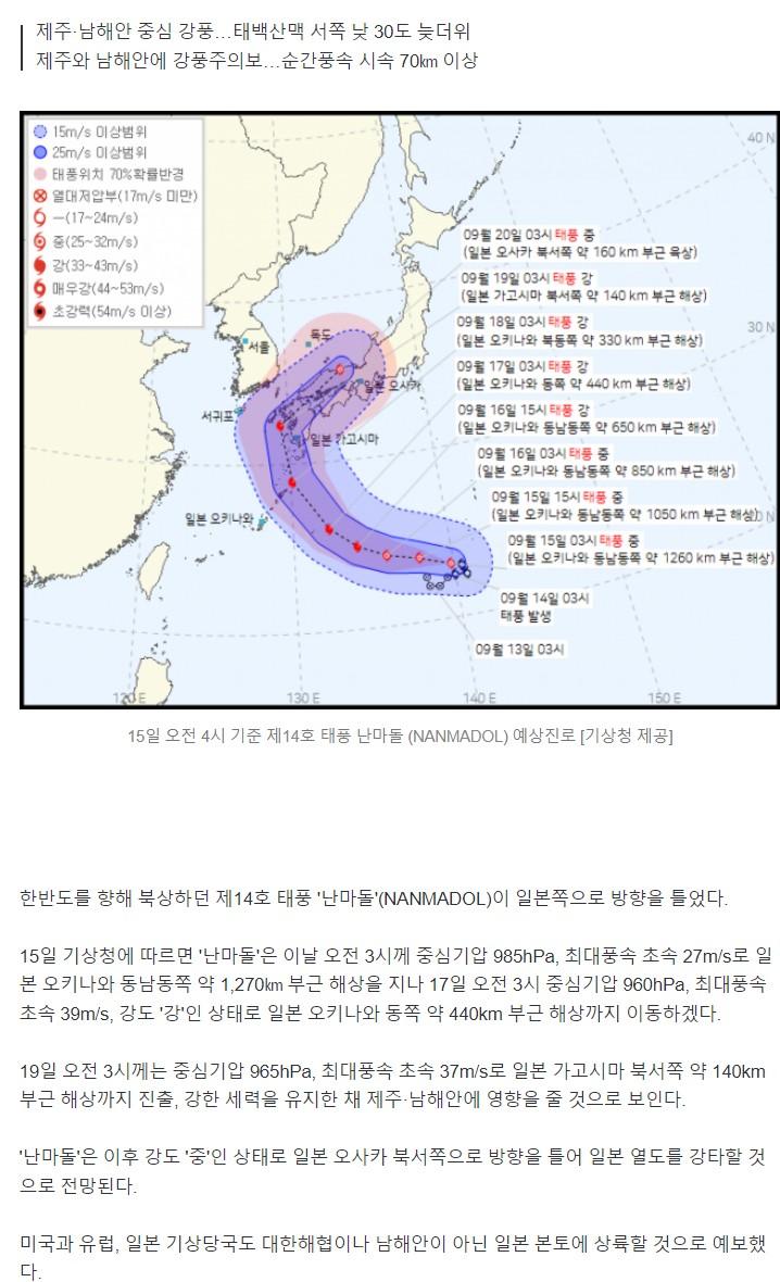 速報、韓半島に向かっていた台風14号「乱馬石」、日本に向けて…