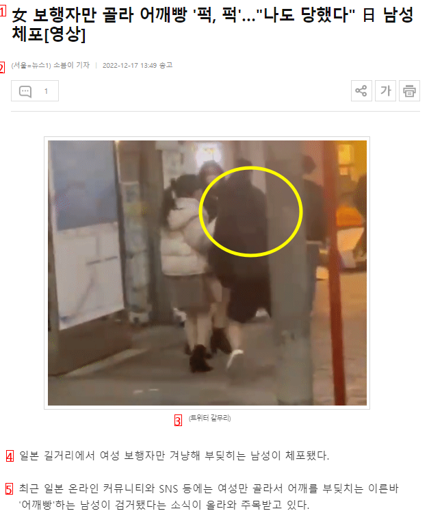 女 보행자만 골라 어깨빵 ''퍽, 퍽''…""""나도 당했다"""" 日 남성 체포