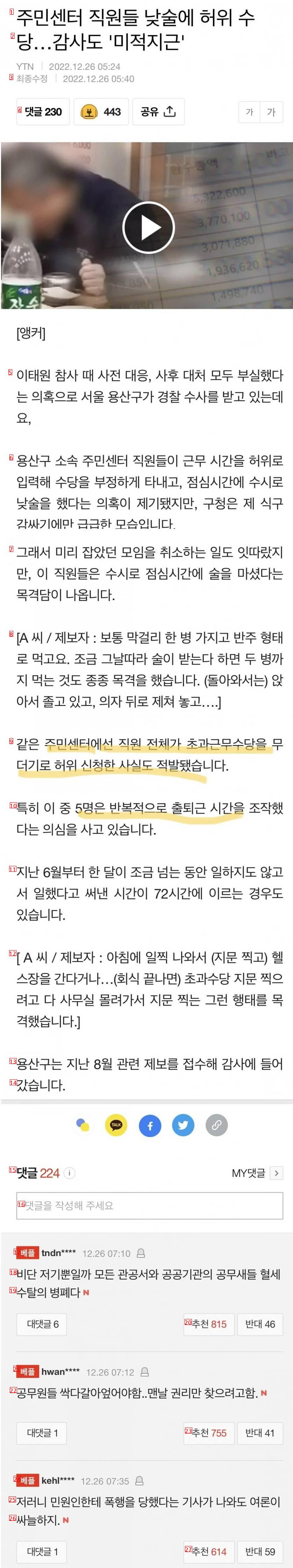 주민센터 직원들 낮술에 허위 수당