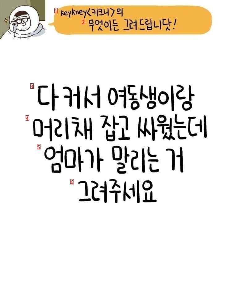 여동생이랑 머리채잡고 싸우는데, 엄마가 말리는거 그려주세요