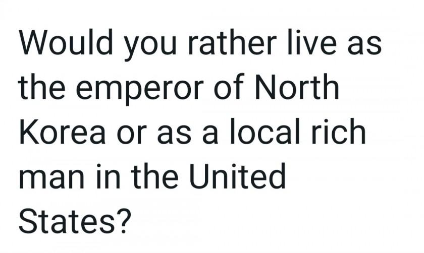 北朝鮮で皇帝として暮らすvs米国で町の金持ちとして暮らすvote