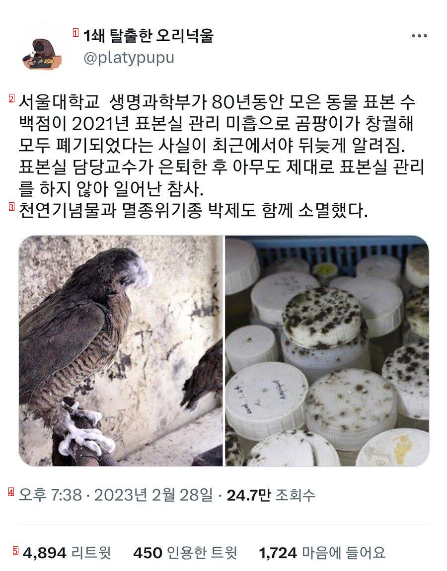 서울대 생명과학부가 80년동안 모은 동물 표본 수백점 폐기