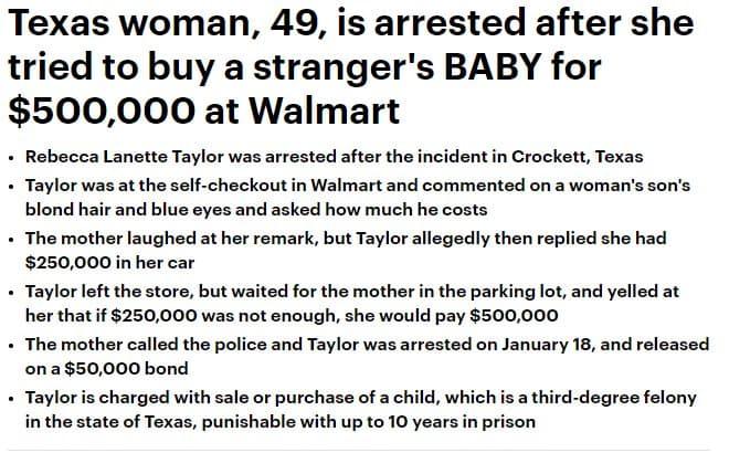 ウォルマートで赤ちゃんを買おうとした女性