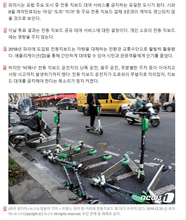 주민 90% """"그만""""…''전동 킥보드'' 대여 서비스 파리서 퇴출