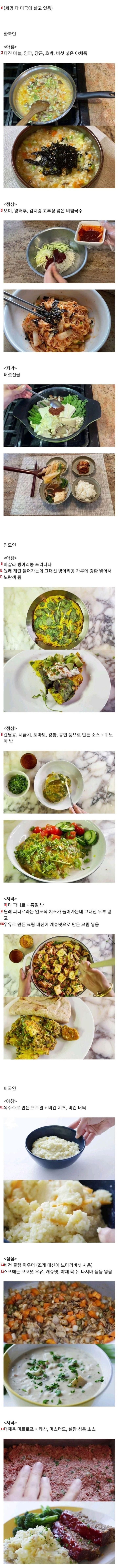 韓国、インド、アメリカ人ベジタリアンの1日の食事