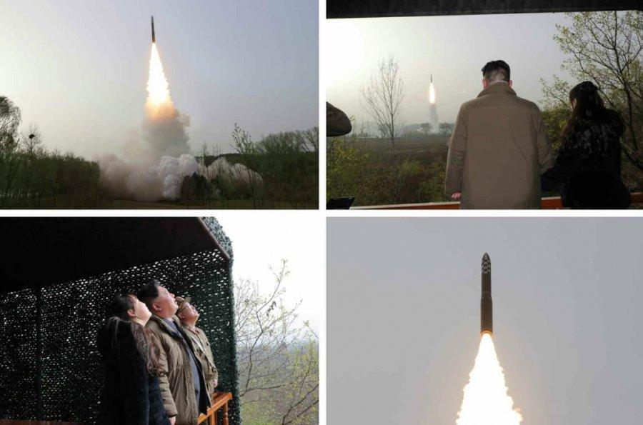 북한 신형 고체연료 ICBM 화성-18 발사장면 사진들