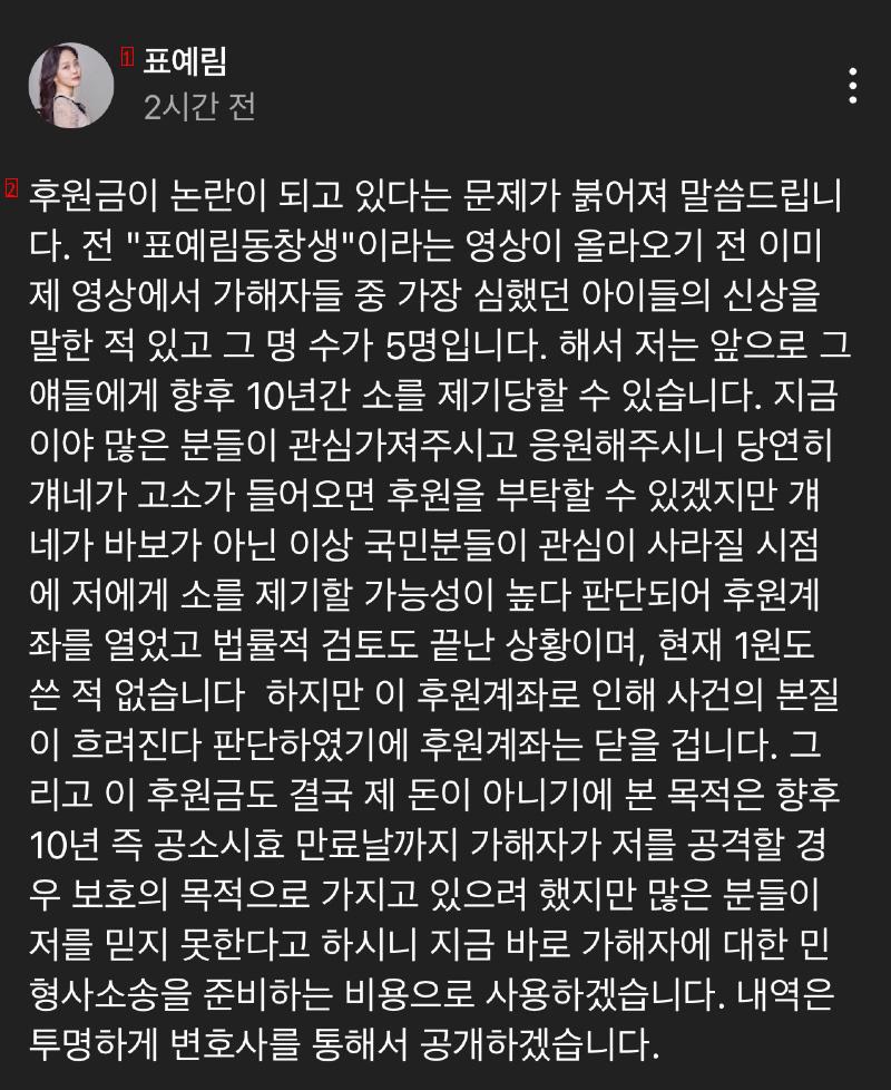 표예림, 후원금 논란에 입장 밝혔네요