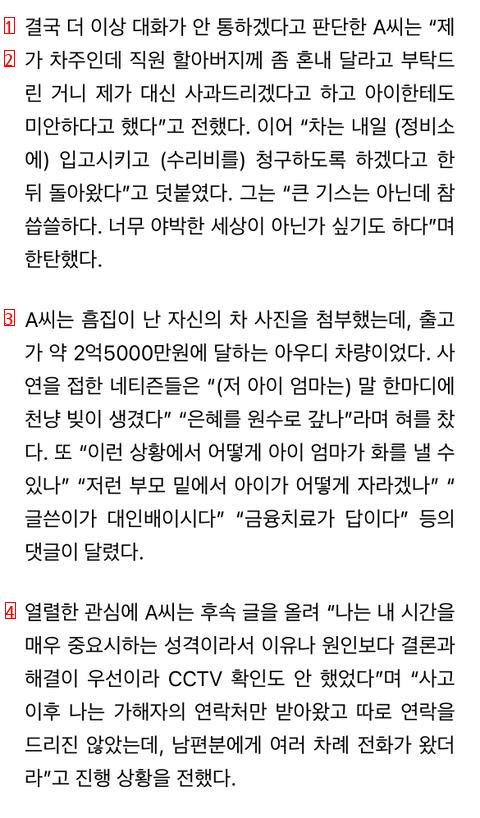 차량 긁은 초딩 봐줬더니 우리애 혼냈다고 까불던 맘충의 최후