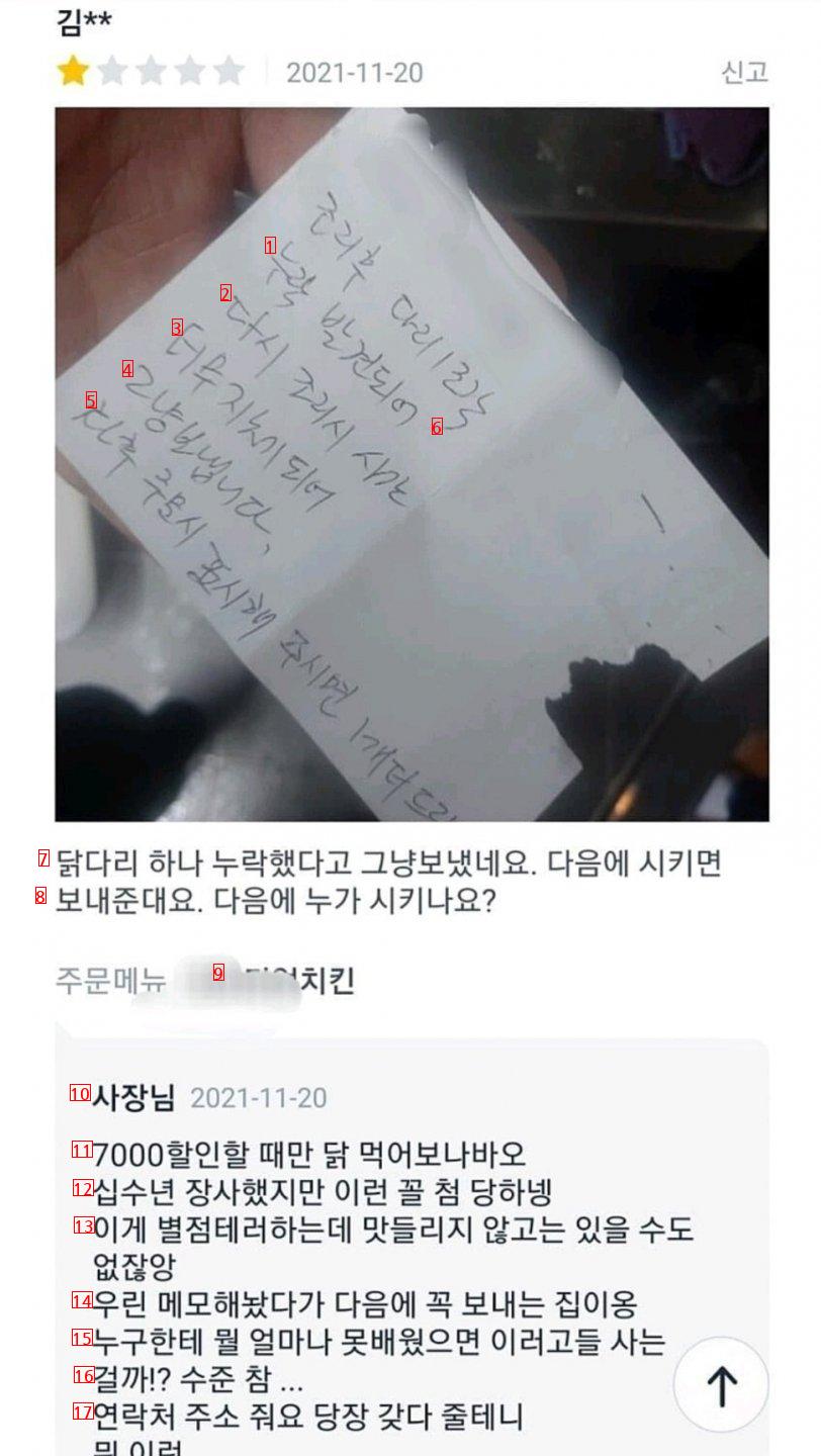 닭다리 1개 누락시킨 치킨집의 대처