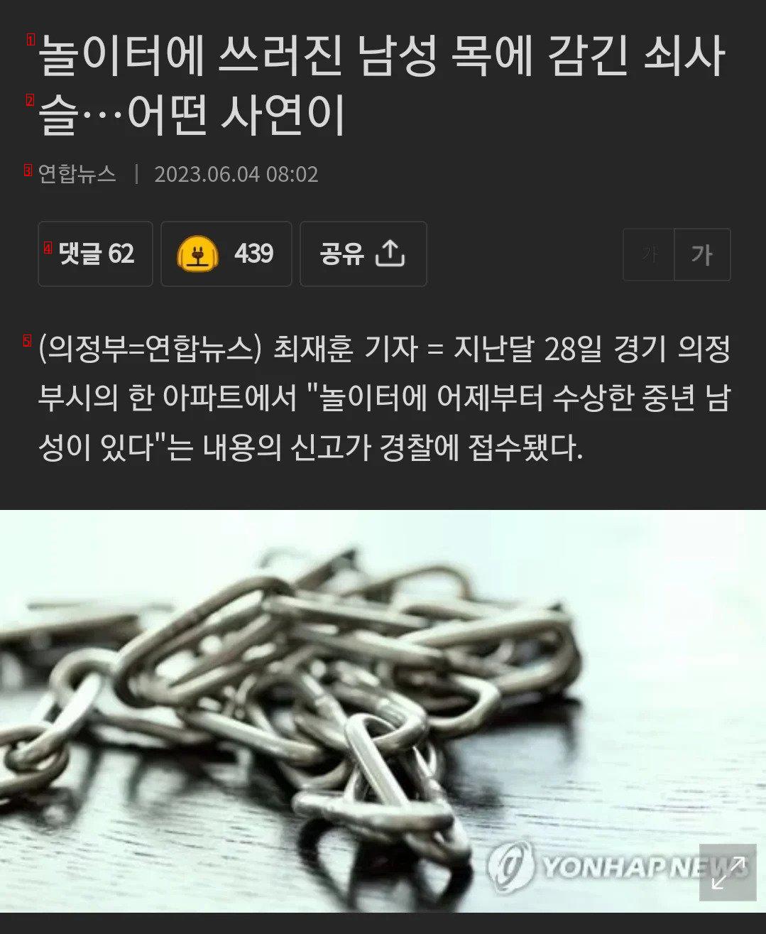 놀이터에서 쇠사슬에 목에 묶인채 발견된 남성