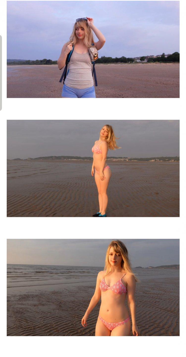 약후)금발 미녀 유튜버가 비키니를 입고 해변에서