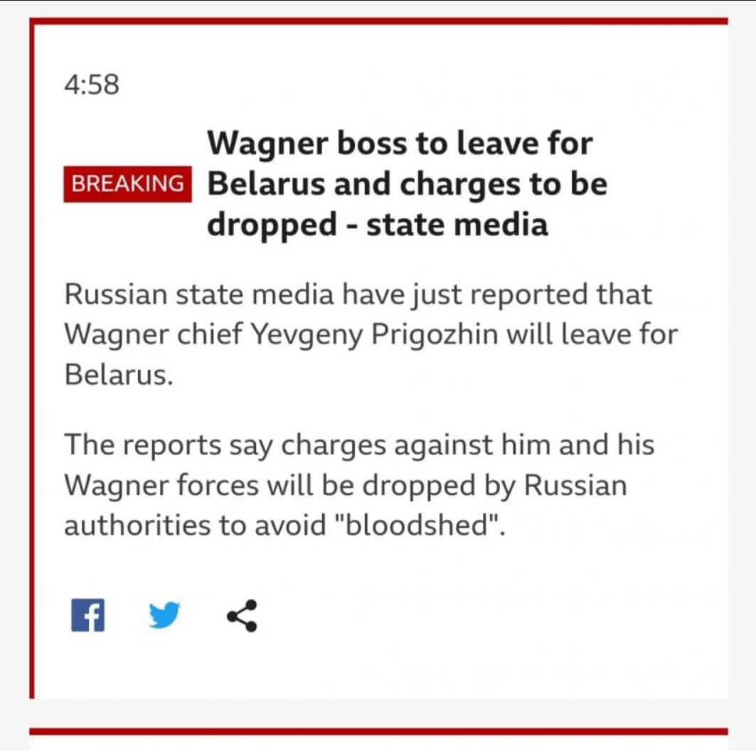 BBC 속보) 프리고진 벨라루스로 떠날 예정