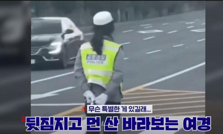慌ただしく交通整理する警察、その隣には後ろ手で見物する女性警察官