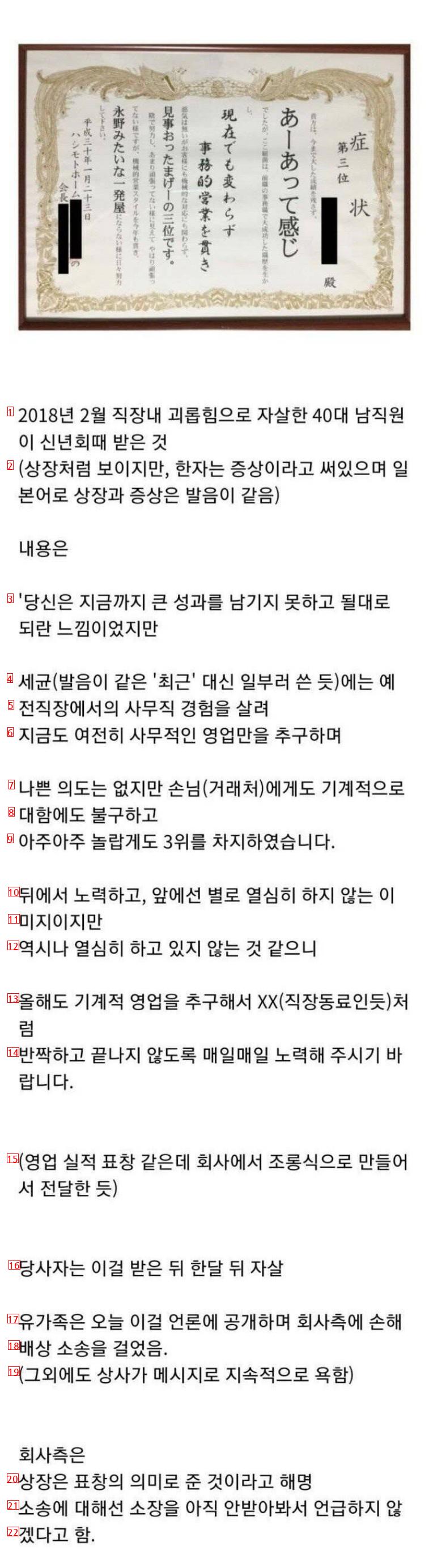 일본에서 자살한 직장인이 자살 직전 받은 상장