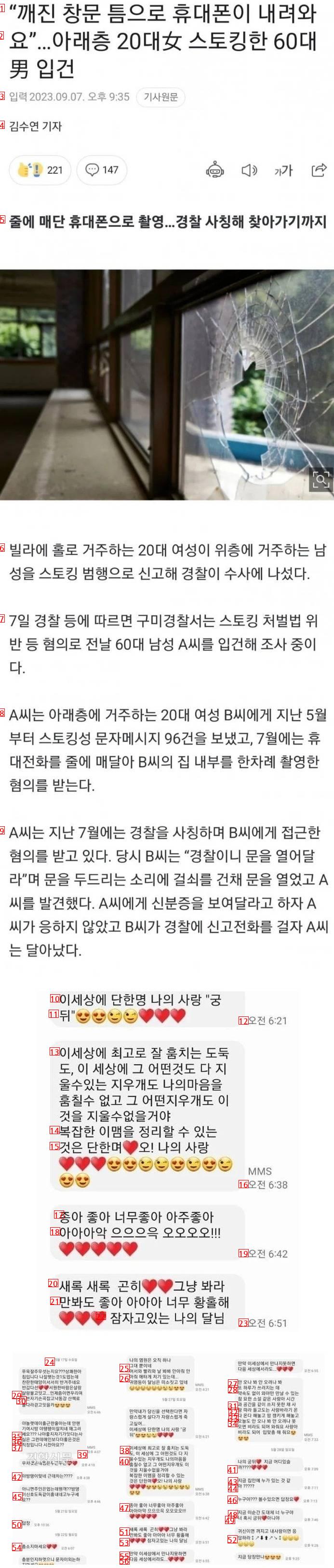 60대 남자 스토커가 20대 여성에게 보낸 문자