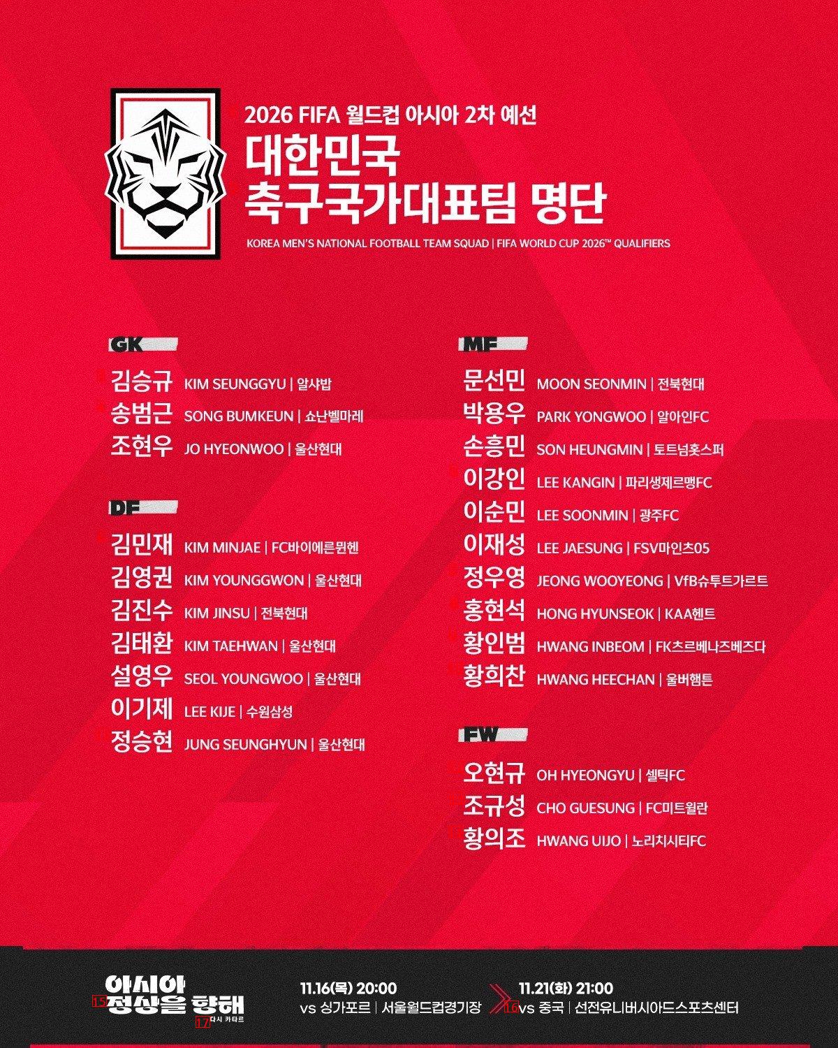 ●オフィシャル大韓民国代表チーム、11月リスト