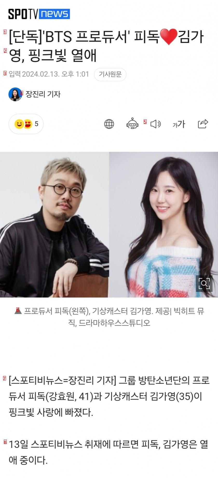 ''BTS 프로듀서'' 피독 ♥ 기상캐스터 김가영, 핑크빛 열애