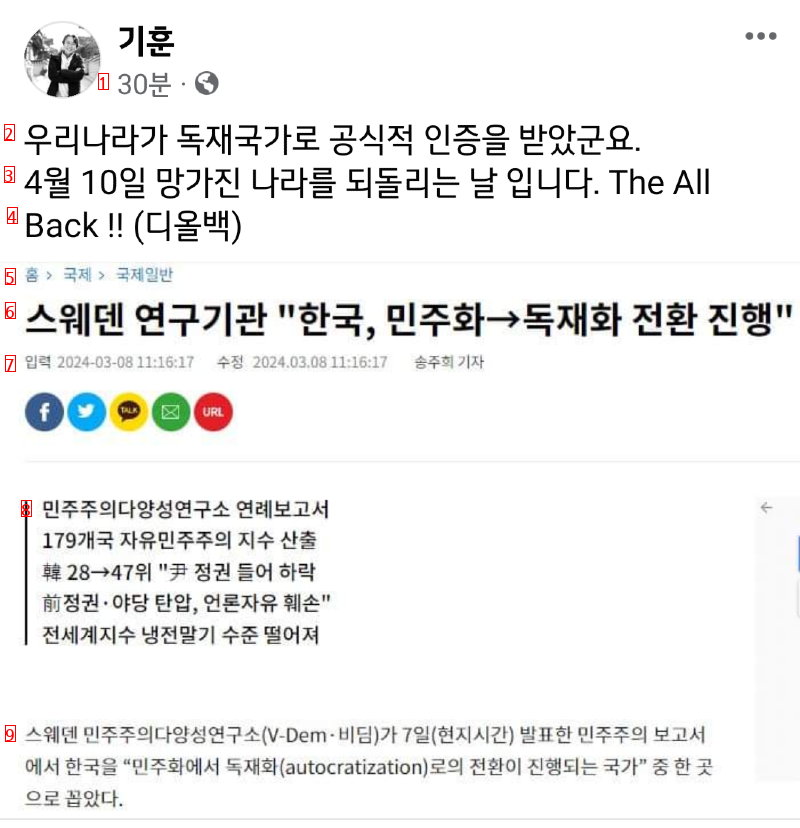 """"한국, 민주ㅡ>독재화 전환 진행""""