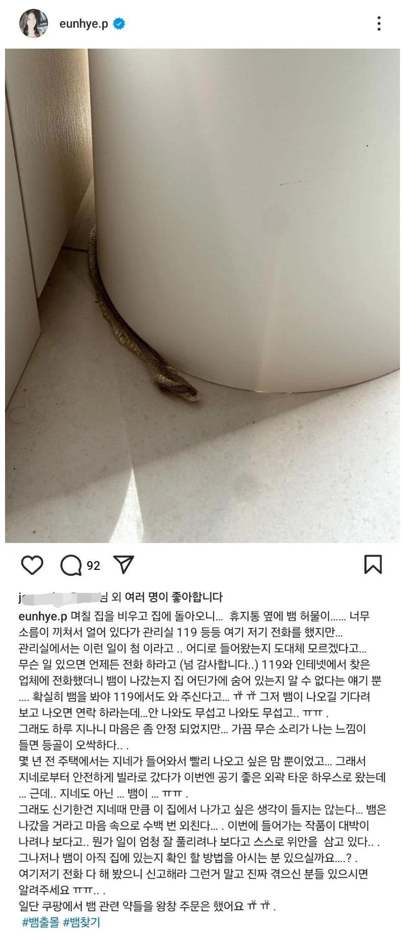 배우 박은혜 인스타에 올라온 충격적인 사진