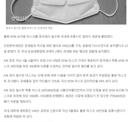 불량 마스크 34만장 밀수 유통시킨 중국 유학생 구속