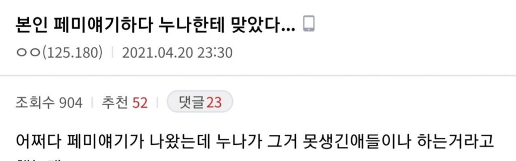 페미얘기하다가 누나한테 맞은 이유