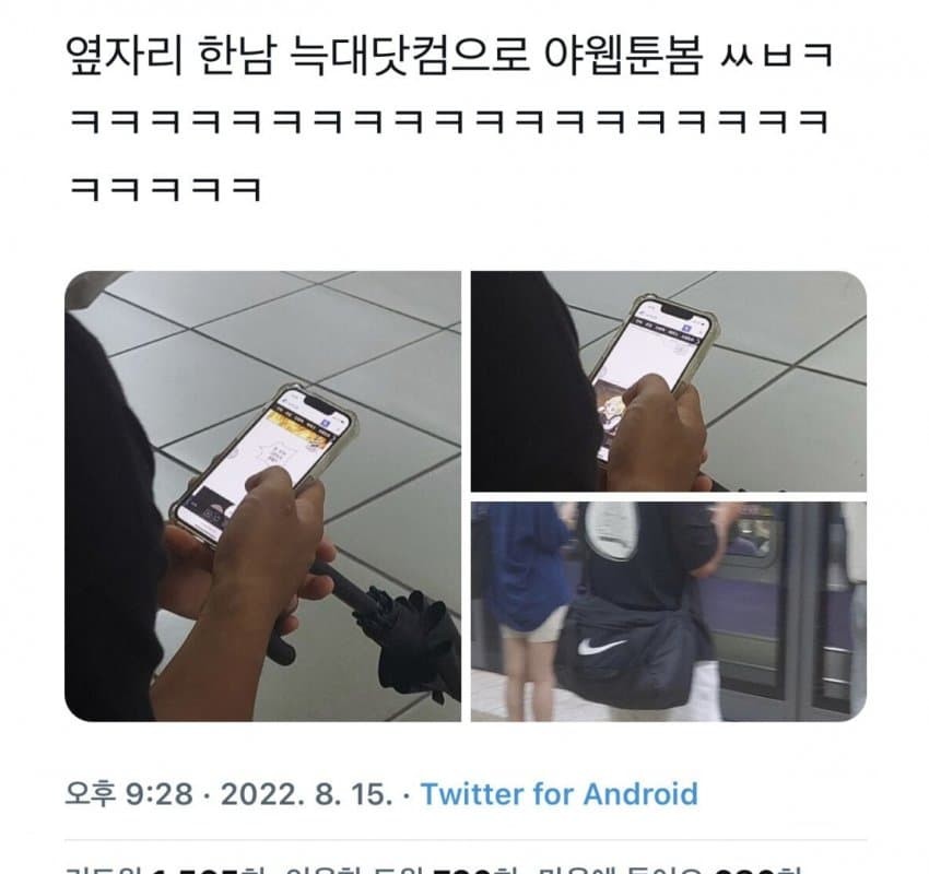 불법 웹툰 보는 남성…도촬한 트위터하는 페미 ㄷㄷ