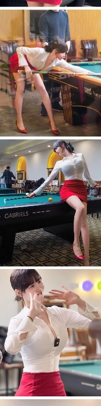 빨간색 초미니 오피스룩 입고 당구 치는 겨우디 ㄷㄷ
