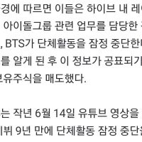 하이브 직원들, BTS 단체활동 중단 미리 알고 주식 팔았다